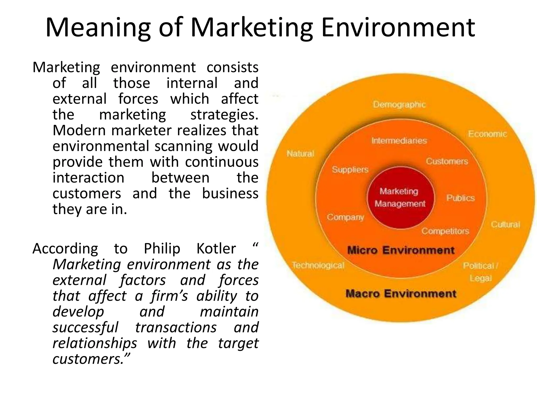 Meaning of Marketing Environment
Marketing environment consists
of all those internal and
external forces which affect
the marketing strategies.
Modern marketer realizes that
environmental scanning would
provide them with continuous
interaction between the
customers and the business
they are in.
According to Philip Kotler “
Marketing environment as the
external factors and forces
that affect a firm’s ability to
develop and maintain
successful transactions and
relationships with the target
customers.”
 