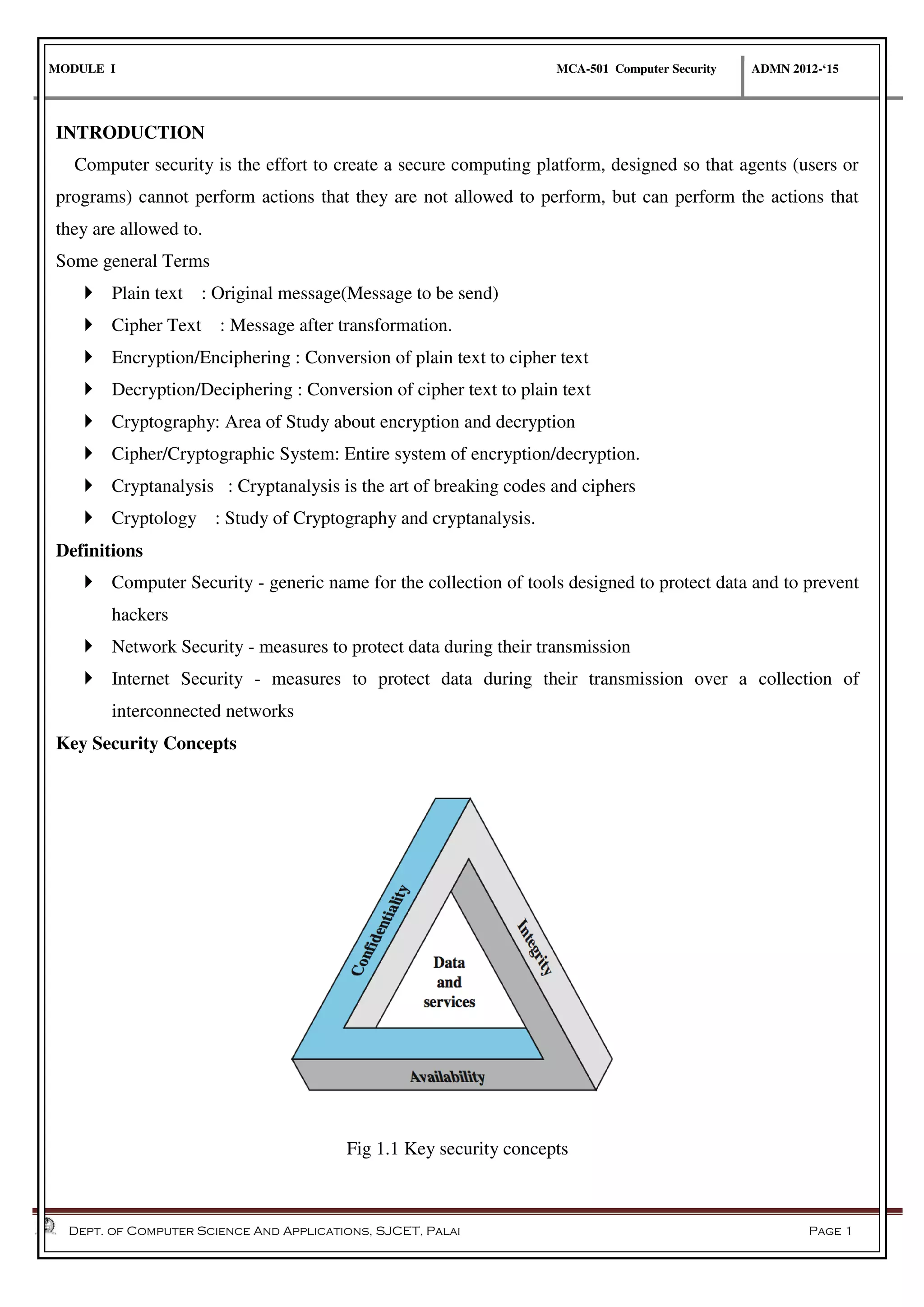 MODULE I MCA-501 Computer Security ADMN 2012-‘15
Dept. of Computer Science And Applications, SJCET, Palai Page 1
INTRODUCTION
Computer security is the effort to create a secure computing platform, designed so that agents (users or
programs) cannot perform actions that they are not allowed to perform, but can perform the actions that
they are allowed to.
Some general Terms
 Plain text : Original message(Message to be send)
 Cipher Text : Message after transformation.
 Encryption/Enciphering : Conversion of plain text to cipher text
 Decryption/Deciphering : Conversion of cipher text to plain text
 Cryptography: Area of Study about encryption and decryption
 Cipher/Cryptographic System: Entire system of encryption/decryption.
 Cryptanalysis : Cryptanalysis is the art of breaking codes and ciphers
 Cryptology : Study of Cryptography and cryptanalysis.
Definitions
 Computer Security - generic name for the collection of tools designed to protect data and to prevent
hackers
 Network Security - measures to protect data during their transmission
 Internet Security - measures to protect data during their transmission over a collection of
interconnected networks
Key Security Concepts
Fig 1.1 Key security concepts
 