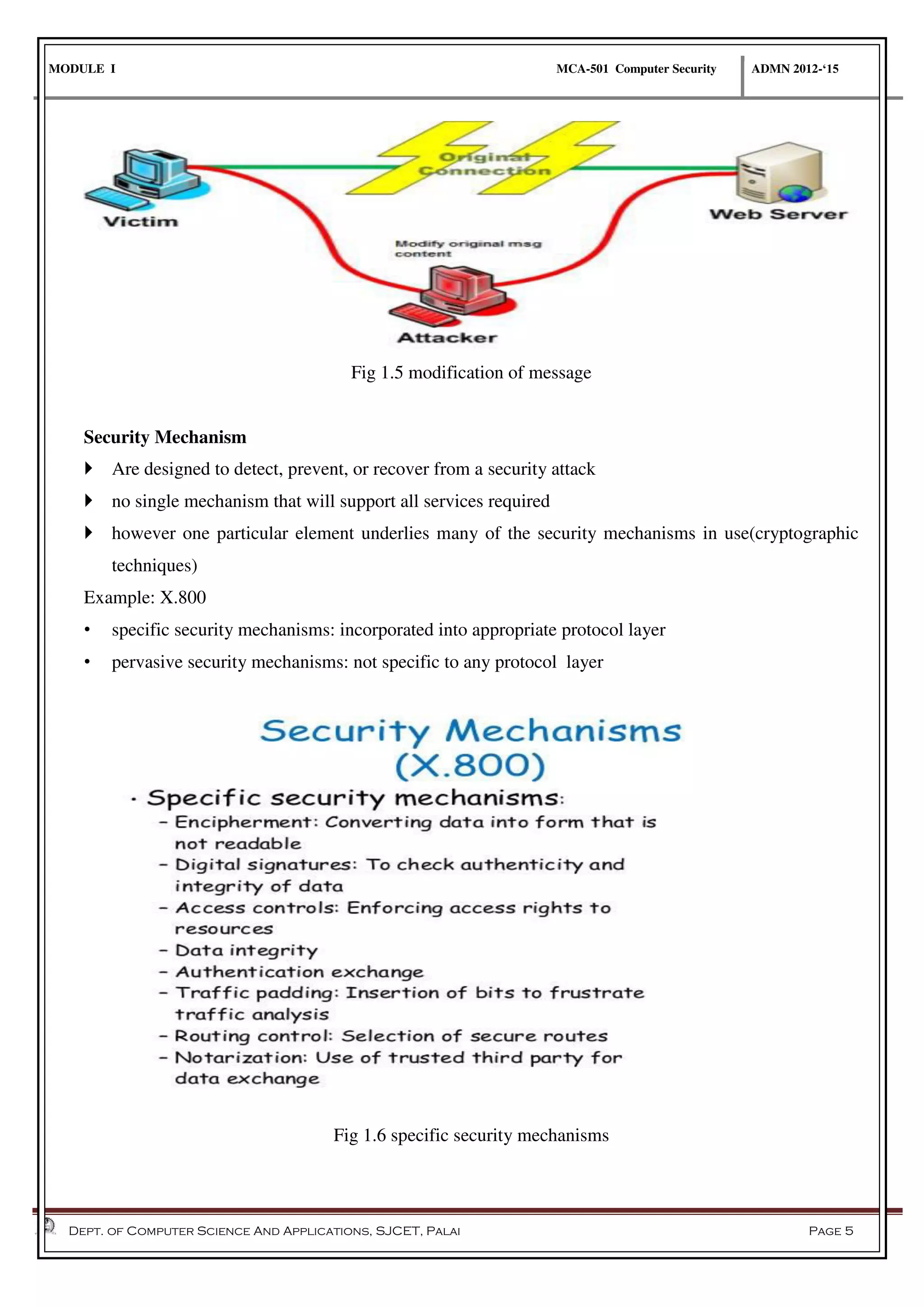 MODULE I MCA-501 Computer Security ADMN 2012-‘15
Dept. of Computer Science And Applications, SJCET, Palai Page 5
Fig 1.5 modification of message
Security Mechanism
 Are designed to detect, prevent, or recover from a security attack
 no single mechanism that will support all services required
 however one particular element underlies many of the security mechanisms in use(cryptographic
techniques)
Example: X.800
• specific security mechanisms: incorporated into appropriate protocol layer
• pervasive security mechanisms: not specific to any protocol layer
Fig 1.6 specific security mechanisms
 