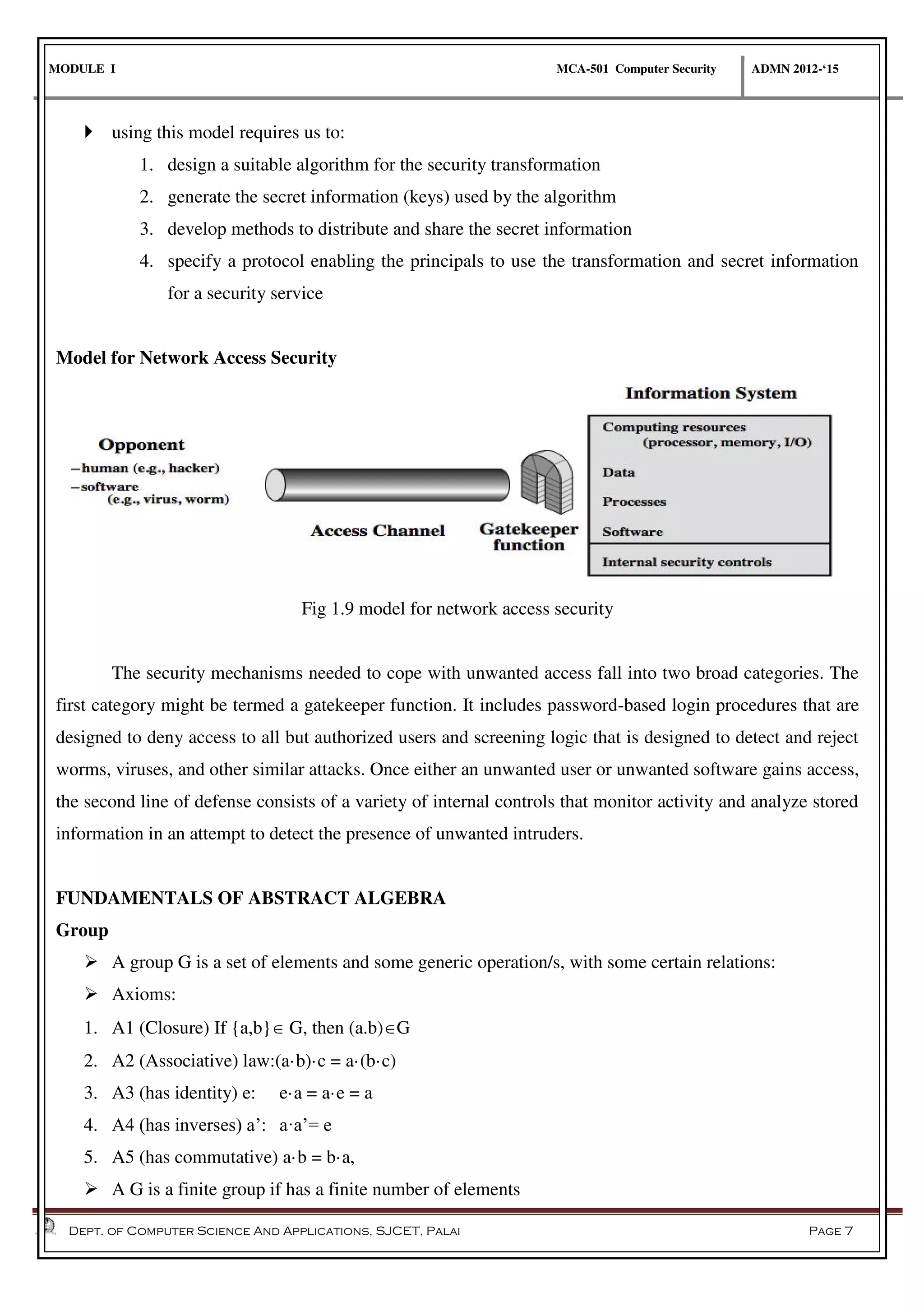 MODULE I MCA-501 Computer Security ADMN 2012-‘15
Dept. of Computer Science And Applications, SJCET, Palai Page 7
 using this model requires us to:
1. design a suitable algorithm for the security transformation
2. generate the secret information (keys) used by the algorithm
3. develop methods to distribute and share the secret information
4. specify a protocol enabling the principals to use the transformation and secret information
for a security service
Model for Network Access Security
Fig 1.9 model for network access security
The security mechanisms needed to cope with unwanted access fall into two broad categories. The
first category might be termed a gatekeeper function. It includes password-based login procedures that are
designed to deny access to all but authorized users and screening logic that is designed to detect and reject
worms, viruses, and other similar attacks. Once either an unwanted user or unwanted software gains access,
the second line of defense consists of a variety of internal controls that monitor activity and analyze stored
information in an attempt to detect the presence of unwanted intruders.
FUNDAMENTALS OF ABSTRACT ALGEBRA
Group
 A group G is a set of elements and some generic operation/s, with some certain relations:
 Axioms:
1. A1 (Closure) If {a,b} G, then (a.b)G
2. A2 (Associative) law:(a·b)·c = a·(b·c)
3. A3 (has identity) e: e·a = a·e = a
4. A4 (has inverses) a’: a·a’= e
5. A5 (has commutative) a·b = b·a,
 A G is a finite group if has a finite number of elements
 