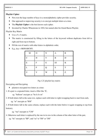 MODULE I MCA-501 Computer Security ADMN 2012-‘15
Dept. of Computer Science And Applications, SJCET, Palai Page 19
Playfair Cipher
 Not even the large number of keys in a monoalphabetic cipher provides security.
 One approach to improving security is to encrypt multiple letters at a time.
 The Playfair Cipher is the best known such cipher.
 Invented by Charles Wheatstone in 1854, but named after his friend Baron Playfair.
Playfair Key Matrix
 Use a 5 x 5 matrix.
 The matrix is constructed by filling in the letters of the keyword without duplicates from left to
right and from top to bottom.
 Fill the rest of matrix with other letters in alphabetic order.
 E.g., key = MONARCHY.
M O N A R
C H Y B D
E F G I/J K
L P Q S T
U V W X Z
Fig 1.21 playfair key matrix
Encrypting and Decrypting
 plaintext encrypted two letters at a time:
1. If a pair is a repeated letter, insert a filler like 'X',
eg. "balloon" encrypts as "ba lx lo on"
2. If both letters fall in the same row, replace each with letter to right (wrapping back to start from end),
eg. “ar" encrypts as "RM"
3. If both letters fall in the same column, replace each with the letter below it (again wrapping to top from
bottom),
eg. “mu" encrypts to "CM"
4. Otherwise each letter is replaced by the one in its row in the column of the other letter of the pair,
eg. “hs” encrypts to "BP", and “ea" to "IM" or "JM"
 
