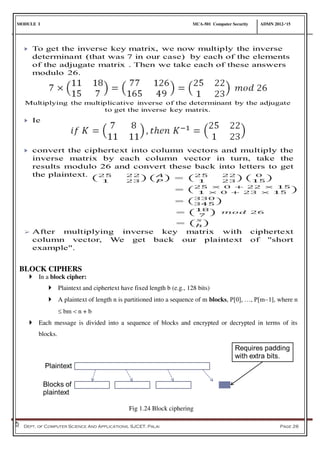 MODULE I MCA-501 Computer Security ADMN 2012-‘15
Dept. of Computer Science And Applications, SJCET, Palai Page 26
BLOCK CIPHERS
 In a block cipher:
 Plaintext and ciphertext have fixed length b (e.g., 128 bits)
 A plaintext of length n is partitioned into a sequence of m blocks, P[0], …, P[m1], where n
 bm  n + b
 Each message is divided into a sequence of blocks and encrypted or decrypted in terms of its
blocks.
Fig 1.24 Block ciphering
 