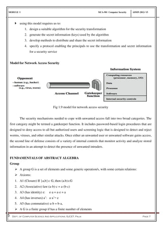 MODULE I MCA-501 Computer Security ADMN 2012-‘15
Dept. of Computer Science And Applications, SJCET, Palai Page 7
 using this model requires us to:
1. design a suitable algorithm for the security transformation
2. generate the secret information (keys) used by the algorithm
3. develop methods to distribute and share the secret information
4. specify a protocol enabling the principals to use the transformation and secret information
for a security service
Model for Network Access Security
Fig 1.9 model for network access security
The security mechanisms needed to cope with unwanted access fall into two broad categories. The
first category might be termed a gatekeeper function. It includes password-based login procedures that are
designed to deny access to all but authorized users and screening logic that is designed to detect and reject
worms, viruses, and other similar attacks. Once either an unwanted user or unwanted software gains access,
the second line of defense consists of a variety of internal controls that monitor activity and analyze stored
information in an attempt to detect the presence of unwanted intruders.
FUNDAMENTALS OF ABSTRACT ALGEBRA
Group
 A group G is a set of elements and some generic operation/s, with some certain relations:
 Axioms:
1. A1 (Closure) If {a,b} G, then (a.b)G
2. A2 (Associative) law:(a·b)·c = a·(b·c)
3. A3 (has identity) e: e·a = a·e = a
4. A4 (has inverses) a’: a·a’= e
5. A5 (has commutative) a·b = b·a,
 A G is a finite group if has a finite number of elements
 