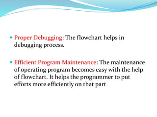  Proper Debugging: The flowchart helps in
debugging process.
 Efficient Program Maintenance: The maintenance
of operating program becomes easy with the help
of flowchart. It helps the programmer to put
efforts more efficiently on that part
 