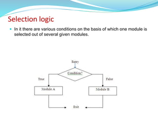 Selection logic
 In it there are various conditions on the basis of which one module is
selected out of several given modules.
 