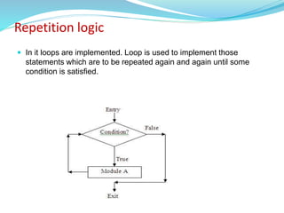 Repetition logic
 In it loops are implemented. Loop is used to implement those
statements which are to be repeated again and again until some
condition is satisfied.
 