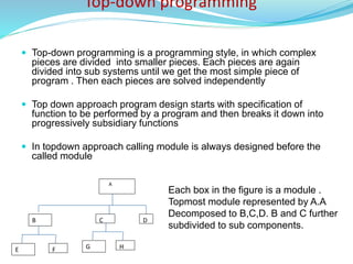 Top-down programming
 Top-down programming is a programming style, in which complex
pieces are divided into smaller pieces. Each pieces are again
divided into sub systems until we get the most simple piece of
program . Then each pieces are solved independently
 Top down approach program design starts with specification of
function to be performed by a program and then breaks it down into
progressively subsidiary functions
 In topdown approach calling module is always designed before the
called module
D
B
A
C
E F G H
Each box in the figure is a module .
Topmost module represented by A.A
Decomposed to B,C,D. B and C further
subdivided to sub components.
 