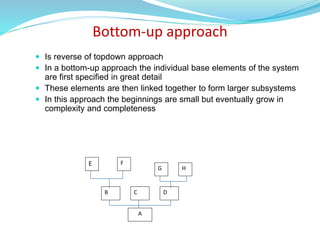 Bottom-up approach
 Is reverse of topdown approach
 In a bottom-up approach the individual base elements of the system
are first specified in great detail
 These elements are then linked together to form larger subsystems
 In this approach the beginnings are small but eventually grow in
complexity and completeness
A
F
E
B C D
H
G
 