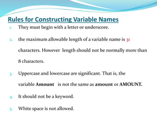 Rules for Constructing Variable Names
1. They must begin with a letter or underscore.
2. the maximum allowable length of a variable name is 31
characters. However length should not be normally more than
8 characters.
3. Uppercase and lowercase are significant. That is, the
variable Amount is not the same as amount or AMOUNT.
4. It should not be a keyword.
5. White space is not allowed.
 