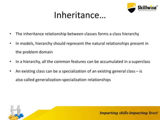 Inheritance…
• The inheritance relationship between classes forms a class hierarchy
• In models, hierarchy should represent the natural relationships present in
the problem domain
• In a hierarchy, all the common features can be accumulated in a superclass
• An existing class can be a specialization of an existing general class – is
also called generalization-specialization relationships
 
