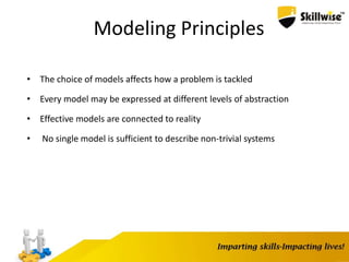 Modeling Principles
• The choice of models affects how a problem is tackled
• Every model may be expressed at different levels of abstraction
• Effective models are connected to reality
• No single model is sufficient to describe non-trivial systems
 