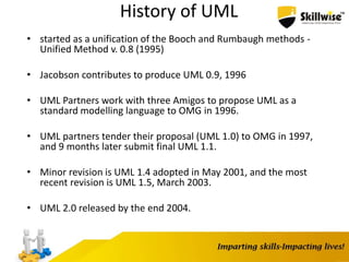 History of UML
• started as a unification of the Booch and Rumbaugh methods -
Unified Method v. 0.8 (1995)
• Jacobson contributes to produce UML 0.9, 1996
• UML Partners work with three Amigos to propose UML as a
standard modelling language to OMG in 1996.
• UML partners tender their proposal (UML 1.0) to OMG in 1997,
and 9 months later submit final UML 1.1.
• Minor revision is UML 1.4 adopted in May 2001, and the most
recent revision is UML 1.5, March 2003.
• UML 2.0 released by the end 2004.
 