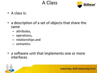 A Class
• A class is:
• a description of a set of objects that share the
same
– attributes,
– operations,
– relationships and
– semantics
• a software unit that implements one or more
interfaces
 