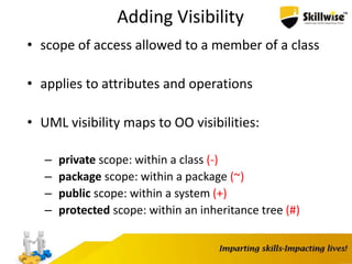 Adding Visibility
• scope of access allowed to a member of a class
• applies to attributes and operations
• UML visibility maps to OO visibilities:
– private scope: within a class (-)
– package scope: within a package (~)
– public scope: within a system (+)
– protected scope: within an inheritance tree (#)
 