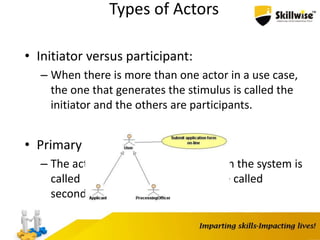 Types of Actors
• Initiator versus participant:
– When there is more than one actor in a use case,
the one that generates the stimulus is called the
initiator and the others are participants.
• Primary versus secondary:
– The actor that directly interacts with the system is
called the primary actor, others are called
secondary actors.
 