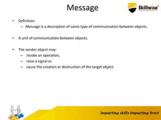 Message
• Definition
– Message is a description of some type of communication between objects.
• A unit of communication between objects.
• The sender object may:
– invoke an operation,
– raise a signal or
– cause the creation or destruction of the target object.
 