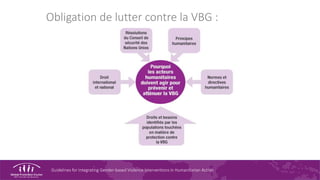 Guidelines for Integrating Gender-based Violence Interventions in Humanitarian Action
Obligation de lutter contre la VBG :
 