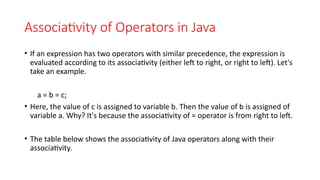 Associativity of Operators in Java
• If an expression has two operators with similar precedence, the expression is
evaluated according to its associativity (either left to right, or right to left). Let's
take an example.
a = b = c;
• Here, the value of c is assigned to variable b. Then the value of b is assigned of
variable a. Why? It's because the associativity of = operator is from right to left.
• The table below shows the associativity of Java operators along with their
associativity.
 