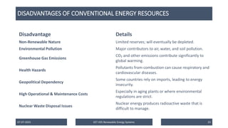 DISADVANTAGES OF CONVENTIONAL ENERGY RESOURCES
07-07-2025 EET 435 Renewable Energy Systems 23
Disadvantage Details
Non-Renewable Nature Limited reserves; will eventually be depleted.
Environmental Pollution Major contributors to air, water, and soil pollution.
Greenhouse Gas Emissions
CO₂ and other emissions contribute significantly to
global warming.
Health Hazards
Pollutants from combustion can cause respiratory and
cardiovascular diseases.
Geopolitical Dependency
Some countries rely on imports, leading to energy
insecurity.
High Operational & Maintenance Costs
Especially in aging plants or where environmental
regulations are strict.
Nuclear Waste Disposal Issues
Nuclear energy produces radioactive waste that is
difficult to manage.
 
