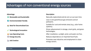 Advantages of non conventional energy sources
Advantage Description
Renewable and Sustainable Naturally replenished and do not run out over time.
Environmentally Friendly
Low or zero greenhouse gas emissions and air
pollutants.
Ideal for Decentralized Use
Suitable for rural and remote areas (e.g., solar home
systems).
Technological Innovation
Drives advancement in storage, smart grids, and green
technologies.
Low Operating Costs After installation, sunlight, wind, and water are free.
Energy Security Reduces dependence on imported fossil fuels.
Job Creation
Promotes new industries and employment in clean
energy sectors.
07-07-2025 EET 435 Renewable Energy Systems 41
 