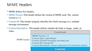 MIME Headers
• MIME defines five headers.
• MIME-Version :This header defines the version of MIME used. The current
version is 1.1.
• Content-ID :This header uniquely identifies the whole message in a multiple
message environment.
• Content-Description : This header defines whether the body is image, audio, or
video.
 