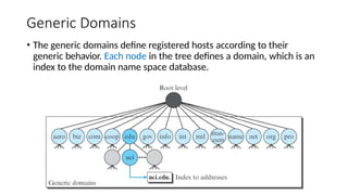 Generic Domains
• The generic domains define registered hosts according to their
generic behavior. Each node in the tree defines a domain, which is an
index to the domain name space database.
 