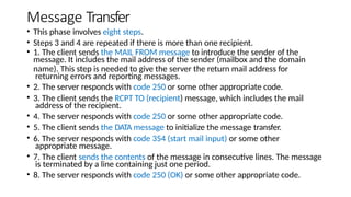 Message Transfer
• This phase involves eight steps.
• Steps 3 and 4 are repeated if there is more than one recipient.
• 1. The client sends the MAIL FROM message to introduce the sender of the
message. It includes the mail address of the sender (mailbox and the domain
name). This step is needed to give the server the return mail address for
returning errors and reporting messages.
• 2. The server responds with code 250 or some other appropriate code.
• 3. The client sends the RCPT TO (recipient) message, which includes the mail
address of the recipient.
• 4. The server responds with code 250 or some other appropriate code.
• 5. The client sends the DATA message to initialize the message transfer.
• 6. The server responds with code 354 (start mail input) or some other
appropriate message.
• 7. The client sends the contents of the message in consecutive lines. The message
is terminated by a line containing just one period.
• 8. The server responds with code 250 (OK) or some other appropriate code.
 