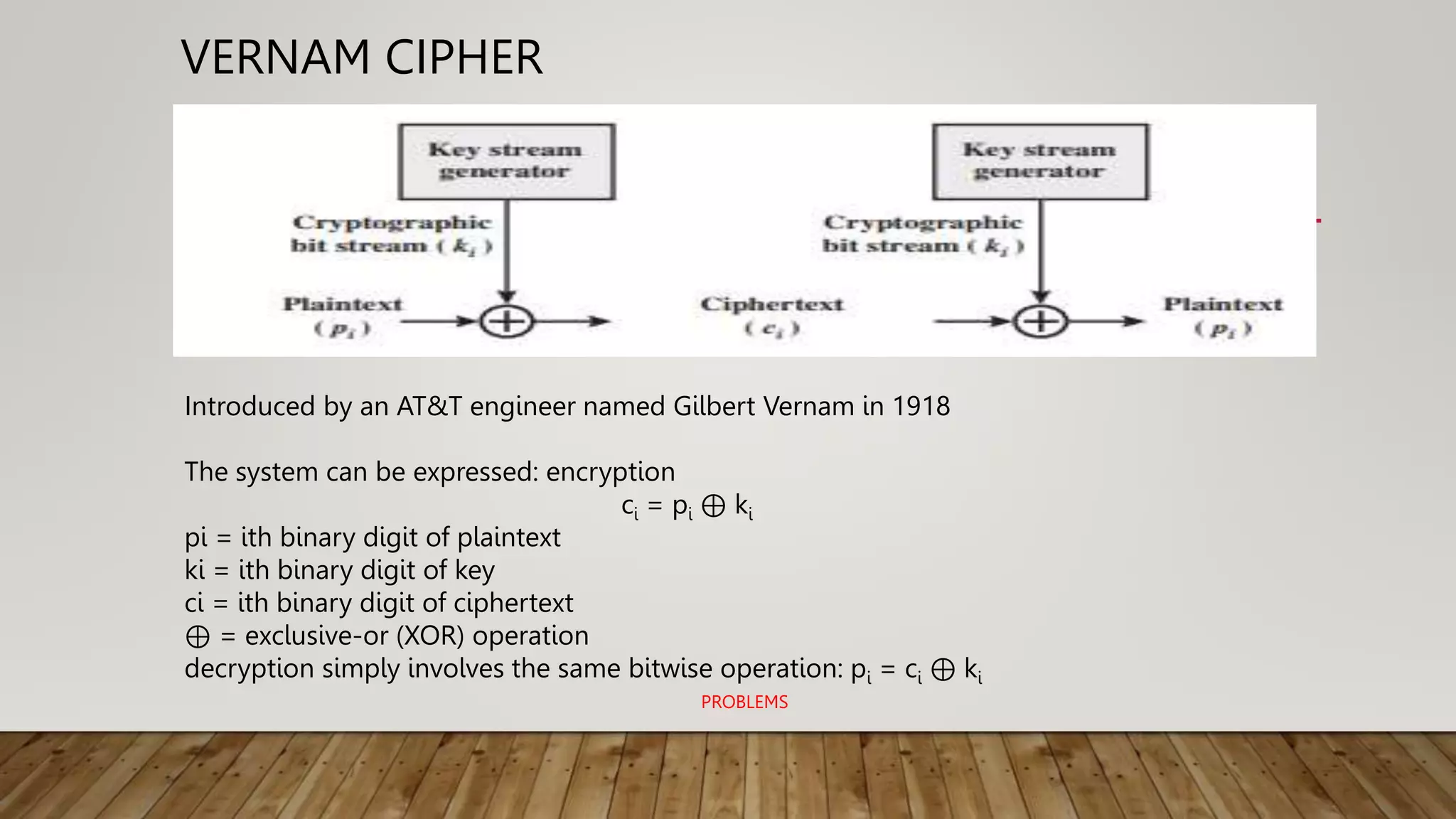 VERNAM CIPHER
• Introduced by an AT&T engineer named Gilbert Vernam in 1918
Introduced by an AT&T engineer named Gilbert Vernam in 1918
The system can be expressed: encryption
ci = pi ⊕ ki
pi = ith binary digit of plaintext
ki = ith binary digit of key
ci = ith binary digit of ciphertext
⊕ = exclusive-or (XOR) operation
decryption simply involves the same bitwise operation: pi = ci ⊕ ki
PROBLEMS
 