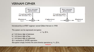 VERNAM CIPHER
• Introduced by an AT&T engineer named GilbertVernam in 1918
Introduced by an AT&T engineer named GilbertVernam in 1918
The system can be expressed: encryption
ci = pi ⊕ ki
pi = ith binary digit of plaintext
ki = ith binary digit of key
ci = ith binary digit of ciphertext
⊕ = exclusive-or (XOR) operation
decryption simply involves the same bitwise operation: pi = ci ⊕ ki
PROBLEMS
 