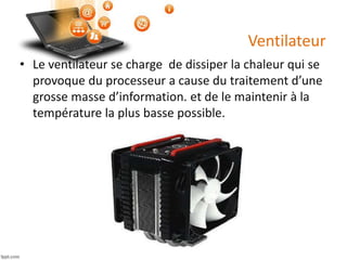 Ventilateur
• Le ventilateur se charge de dissiper la chaleur qui se
provoque du processeur a cause du traitement d’une
grosse masse d’information. et de le maintenir à la
température la plus basse possible.
 