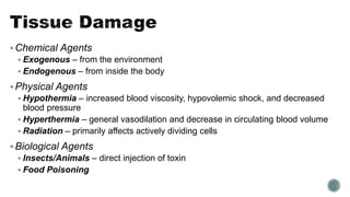 Chemical Agents
 Exogenous – from the environment
 Endogenous – from inside the body
Physical Agents
 Hypothermia – increased blood viscosity, hypovolemic shock, and decreased
blood pressure
 Hyperthermia – general vasodilation and decrease in circulating blood volume
 Radiation – primarily affects actively dividing cells
Biological Agents
 Insects/Animals – direct injection of toxin
 Food Poisoning
 