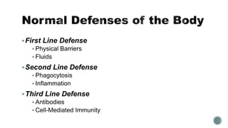 First Line Defense
 Physical Barriers
 Fluids
Second Line Defense
 Phagocytosis
 Inflammation
Third Line Defense
 Antibodies
 Cell-Mediated Immunity
 