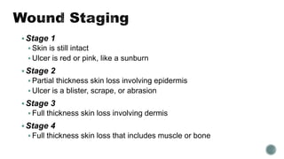 Stage 1
 Skin is still intact
 Ulcer is red or pink, like a sunburn
Stage 2
 Partial thickness skin loss involving epidermis
 Ulcer is a blister, scrape, or abrasion
Stage 3
 Full thickness skin loss involving dermis
Stage 4
 Full thickness skin loss that includes muscle or bone
 