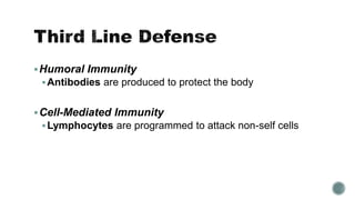 Humoral Immunity
Antibodies are produced to protect the body
Cell-Mediated Immunity
Lymphocytes are programmed to attack non-self cells
 