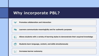 Why incorporate PBL?
Promotes collaboration and interaction
Learners communicate meaningfully and for authentic purposes
A...