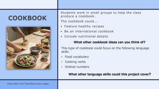 COOKBOOK
Students work in small groups to help the class
produce a cookbook.
The cookbook could...
• Feature healthy recip...