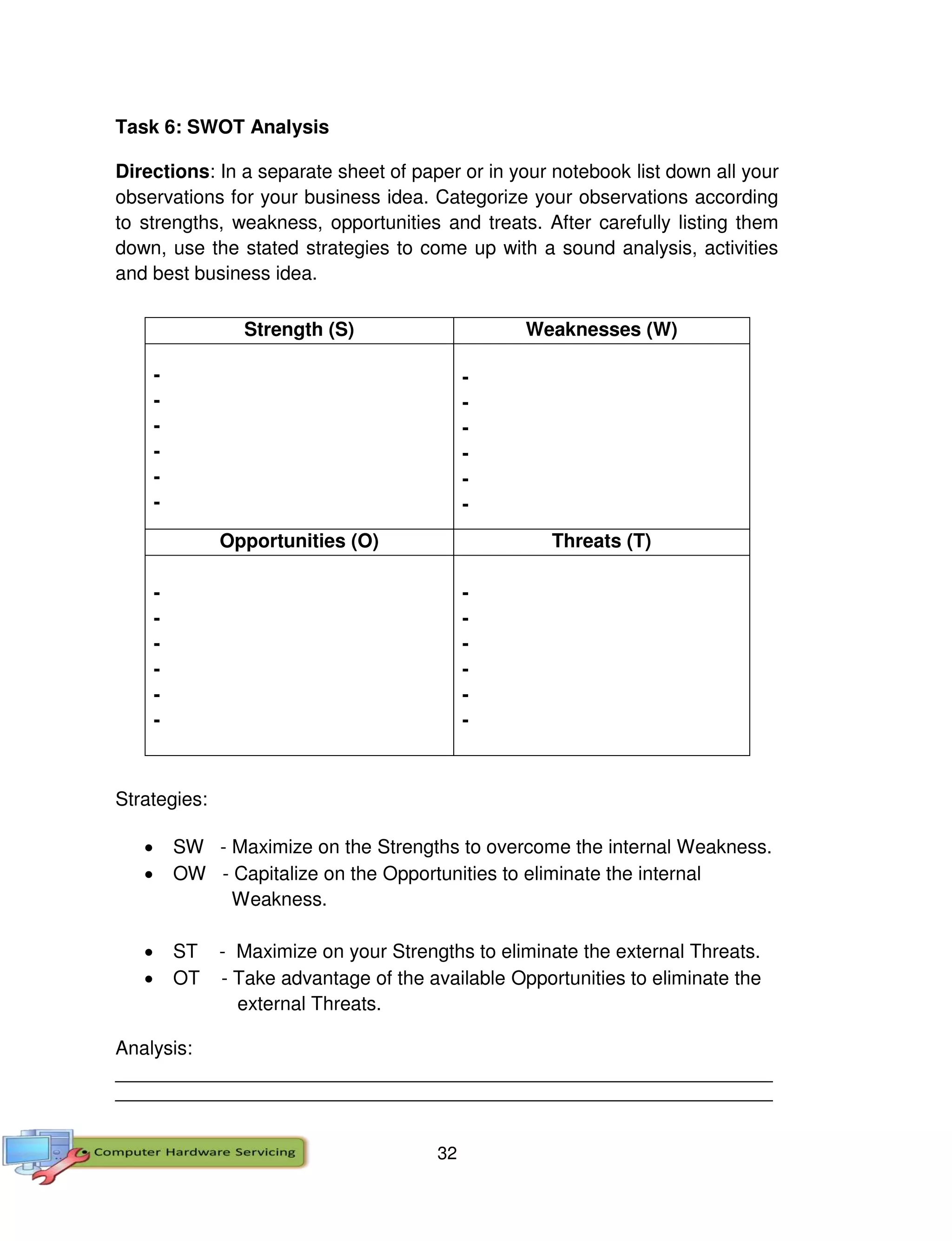 32
Task 6: SWOT Analysis
Directions: In a separate sheet of paper or in your notebook list down all your
observations for your business idea. Categorize your observations according
to strengths, weakness, opportunities and treats. After carefully listing them
down, use the stated strategies to come up with a sound analysis, activities
and best business idea.
Strategies:
 SW - Maximize on the Strengths to overcome the internal Weakness.
 OW - Capitalize on the Opportunities to eliminate the internal
Weakness.
 ST - Maximize on your Strengths to eliminate the external Threats.
 OT - Take advantage of the available Opportunities to eliminate the
external Threats.
Analysis:
__________________________________________________________________________________
__________________________________________________________________________________
Strength (S) Weaknesses (W)
-
-
-
-
-
-
-
-
-
-
-
-
Opportunities (O) Threats (T)
-
-
-
-
-
-
-
-
-
-
-
-
 