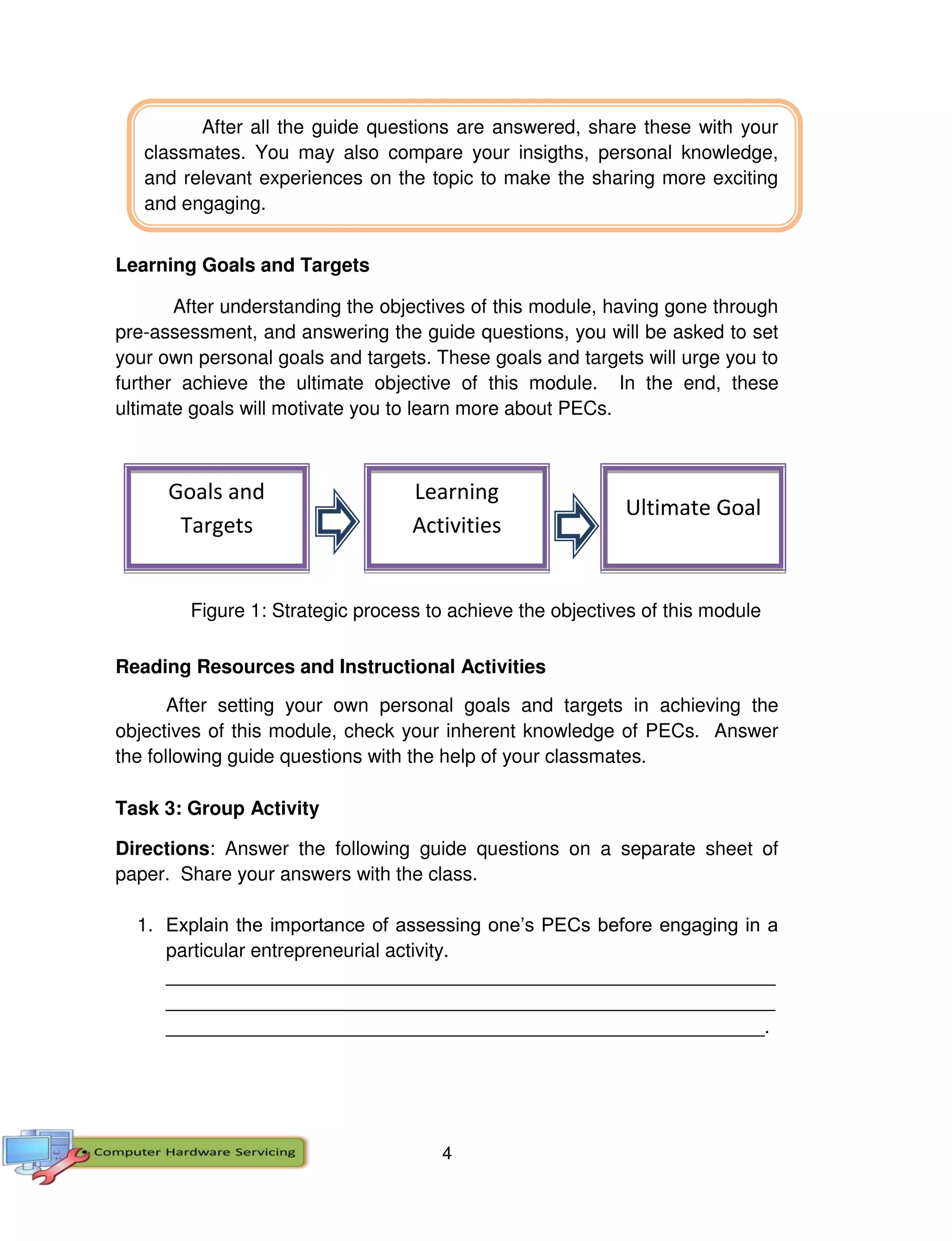 4
After all the guide questions are answered, share these with your
classmates. You may also compare your insigths, personal knowledge,
and relevant experiences on the topic to make the sharing more exciting
and engaging.
Learning Goals and Targets
After understanding the objectives of this module, having gone through
pre-assessment, and answering the guide questions, you will be asked to set
your own personal goals and targets. These goals and targets will urge you to
further achieve the ultimate objective of this module. In the end, these
ultimate goals will motivate you to learn more about PECs.
Figure 1: Strategic process to achieve the objectives of this module
Reading Resources and Instructional Activities
After setting your own personal goals and targets in achieving the
objectives of this module, check your inherent knowledge of PECs. Answer
the following guide questions with the help of your classmates.
Task 3: Group Activity
Directions: Answer the following guide questions on a separate sheet of
paper. Share your answers with the class.
1. Explain the importance of assessing one’s PECs before engaging in a
particular entrepreneurial activity.
_________________________________________________________
_________________________________________________________
________________________________________________________.
Goals and
Targets
Learning
Activities
Ultimate Goal
 