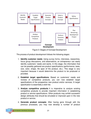 21
Figure 3: Stages of Concept Development
The process of product development follows the following stages:
1. Identify customer needs: Using survey forms, interviews, researches,
focus group discussions, and observations, an entrepreneur can easily
identify customers’ needs and wants. In this stage, the information that
can be possibly gathered are product specifications (performance, taste,
size, color, shape, life span of the product, etc.). This stage is very
important because it would determine the product to be produced or
provided.
2. Establish target specifications: Based on customers' needs and
reviews of competitive products, you can now establish target
specifications of the prospective new product and/or services. A target
specification is essentially a wish-list.
3. Analyze competitive products: It is imperative to analyze existing
competitive products to provide important information in establishing
product or service specifications. Other products may exhibit successful
design attributes that should be emulated or improved upon in the new
product or service.
4. Generate product concepts: After having gone through with the
previous processes, you may now develop a number of product
Concept
Development
Identify
Customer
Needs
Plan
Remaining
Development
Project
Establish
Target
Specifications
Generate
Product
Concepts
Select a
Product
Concept
Analyze
Competitive
Products
Refine
Specifications
Perform
Economic
Analysis
 