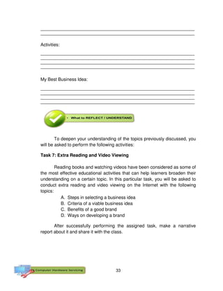 33
__________________________________________________________________________________
__________________________________________________________________________________
Activities:
__________________________________________________________________________________
__________________________________________________________________________________
__________________________________________________________________________________
__________________________________________________________________________________
My Best Business Idea:
__________________________________________________________________________________
__________________________________________________________________________________
__________________________________________________________________________________
__________________________________________________________________________________
To deepen your understanding of the topics previously discussed, you
will be asked to perform the following activities:
Task 7: Extra Reading and Video Viewing
Reading books and watching videos have been considered as some of
the most effective educational activities that can help learners broaden their
understanding on a certain topic. In this particular task, you will be asked to
conduct extra reading and video viewing on the Internet with the following
topics:
A. Steps in selecting a business idea
B. Criteria of a viable business idea
C. Benefits of a good brand
D. Ways on developing a brand
After successfully performing the assigned task, make a narrative
report about it and share it with the class.
 