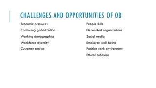 CHALLENGES AND OPPORTUNITIES OF OB
Economic pressures
Continuing globalization
Working demographics
Workforce diversity
Customer service
People skills
Networked organizations
Social media
Employee well-being
Positive work environment
Ethical behavior
 