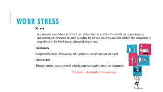 WORK STRESS
Stress
A dynamic conditionin which an individual is confrontedwith an opportunity,
constraint,or demand related to what he or she desires and for which the outcome is
perceived to be both uncertain and important.
Demands
Responsibilities, Pressures, obligations, uncertaintiesat work
Resources
Things underyour control which can be used to resolve demands
Stress = Demands > Resources
POOJA MALIK
 