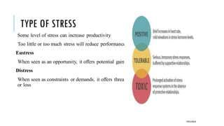 TYPE OF STRESS
Some level of stress can increase productivity
Too little or too much stress will reduce performance
Eustress
When seen as an opportunity, it offers potential gain
Distress
When seen as constraints or demands, it offers threat
or loss
POOJA MALIK
 