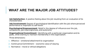 WHAT ARE THE MAJOR JOB ATTITUDES?
Job Satisfaction: A positive feeling about the job resulting from an evaluation of its
characteristics
Job Involvement: Degree of psychological identification with the job where perceived
performance is important to self-worth
Psychological Empowerment: Belief in the degree of influence over the job,
competence, job meaningfulness, and autonomy
Organizational Commitment: Identifying with a particular organization and its
goals, while wishing to maintain membership in the organization.
Three dimensions:
1. Affective – emotional attachment to organization
2. Continuance Commitment – economic value of staying
3. Normative - moral or ethical obligations
 