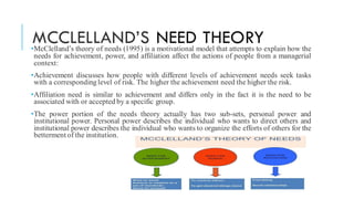 MCCLELLAND’S NEED THEORY
•McClelland’s theory of needs (1995) is a motivational model that attempts to explain how the
needs for achievement, power, and affiliation affect the actions of people from a managerial
context:
•Achievement discusses how people with different levels of achievement needs seek tasks
with a correspondinglevel of risk. The higher the achievement need the higher the risk.
•Affiliation need is similar to achievement and differs only in the fact it is the need to be
associated with or accepted by a specific group.
•The power portion of the needs theory actually has two sub-sets, personal power and
institutional power. Personal power describes the individual who wants to direct others and
institutional power describes the individual who wants to organize the efforts of others for the
betterment of the institution.
 