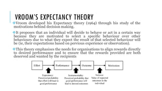VROOM’S EXPECTANCY THEORY
❖Vroom developed his Expectancy theory (1964) through his study of the
motivations behind decision making.
❖It proposes that an individual will decide to behave or act in a certain way
because they are motivated to select a specific behaviour over other
behaviours due to what they expect the result of that selected behaviour will
be (ie, their expectations based on pervious experience or observation).
❖This theory emphasises the needs for organisations to align rewards directly
to desired performance and to ensure that the rewards provided are both
deserved and wanted by the recipients
 