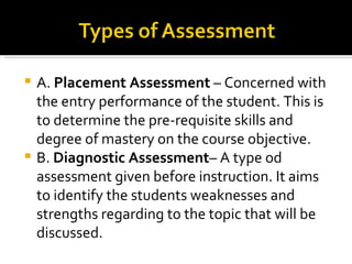  A. Placement Assessment – Concerned with
  the entry performance of the student. This is
  to determine the pre-requisite skills and
  degree of mastery on the course objective.
 B. Diagnostic Assessment– A type od
  assessment given before instruction. It aims
  to identify the students weaknesses and
  strengths regarding to the topic that will be
  discussed.
 