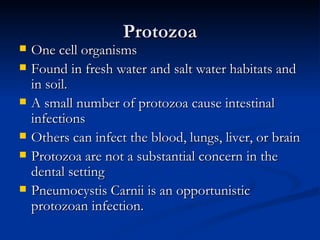 Protozoa One cell organisms Found in fresh water and salt water habitats and in soil. A small number of protozoa cause intestinal infections Others can infect the blood, lungs, liver, or brain Protozoa are not a substantial concern in the dental setting Pneumocystis Carnii is an opportunistic protozoan infection. 