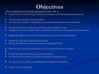 Objectives After completing this Module, participant will be able to: Explain why an understanding of basic microbiology is essential for dental professionals.  List the major groups of microorganisms. List the various modes of transmission of potential pathogens in the  dental setting. List the components of the chain of infection and examples of each. Explain the role of the CDC, OSHA and OSAP as they relate to infection control in dentistry. Explain the difference between Standard Precautions and Universal Precautions. Explain the rationale for Standard Precautions Discuss the difference between bacteriostatic and bacteriocidal. Name the four ways that transmission can occur between persons or groups.  Explain the difference between aerosols and spatter. List factors that contribute to a person becoming a susceptible host. List factors that contribute to the likelihood of infection development. Define cross contamination. 
