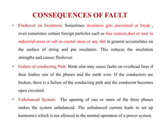 CONSEQUENCES OF FAULT
• Flashover on Insulators: Sometimes insulators gets punctured or break ,
even sometimes certain foreign particles such as fine cement,dust or soot in
industrial areas or salt in coastal areas or any dirt in general accumulates on
the surface of string and pin insulators. This reduces the insulation
strengths and causes flashover.
• Failure of conducting Path: Birds also may cause faults on overhead lines if
their bodies one of the phases and the earth wire. If the conductors are
broken, there is a failure of the conducting path and the conductor becomes
open circuited.
• Unbalanced System: The opening of one or more of the three phases
makes the system unbalanced. The unbalanced current leads to set up
harmonics which is not allowed in the normal operation of a power system.
 